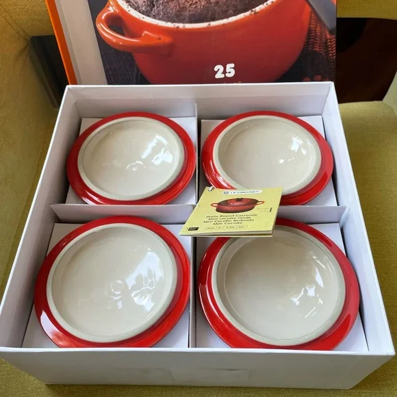 Le Creuset Stoneware Cherry Red Set of 4 Mini Cocottes with Recipe Book - Picture 13 of 15